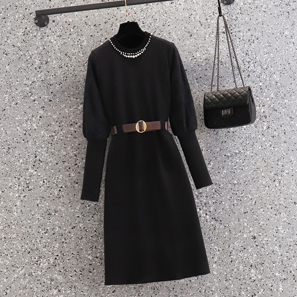 Winter Clothing Plus Size - Casual elegante beading malha emendado vestidos