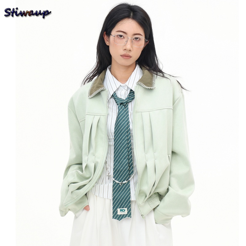 Quality Winter Clothing Bomber Jacket - Outono feminino jaqueta bomber lapela verde