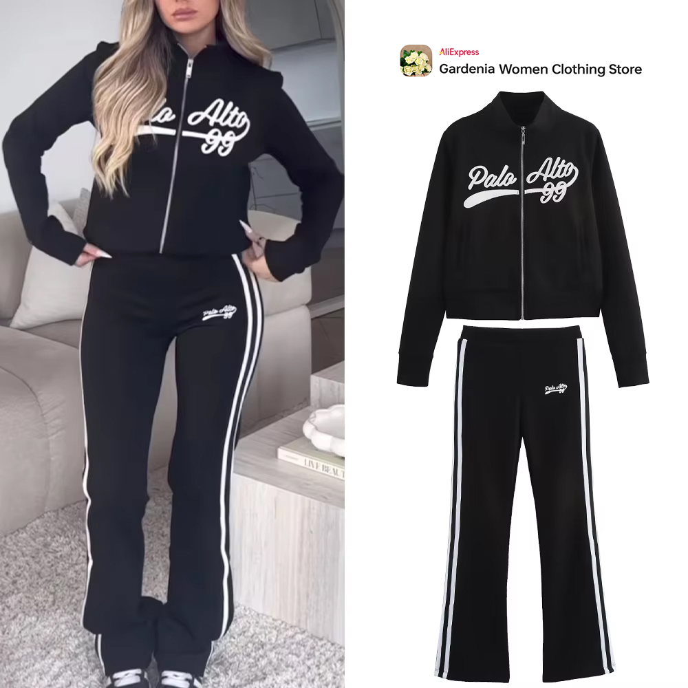 Winter Clothing For Sale - Conjunto esportivo universitário preto casual feminino,