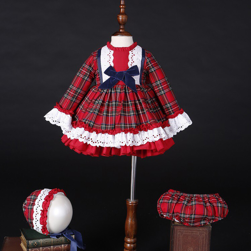 Winter Clothing Kids - Vestido de Princesa Vintage Xadrez Vermelho